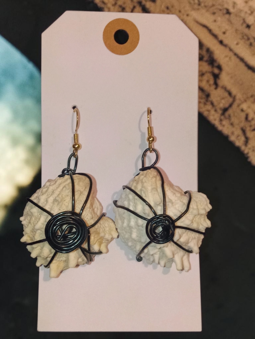 White Shell Drop Earrings with Black Wire Wrap - Women Jewelry